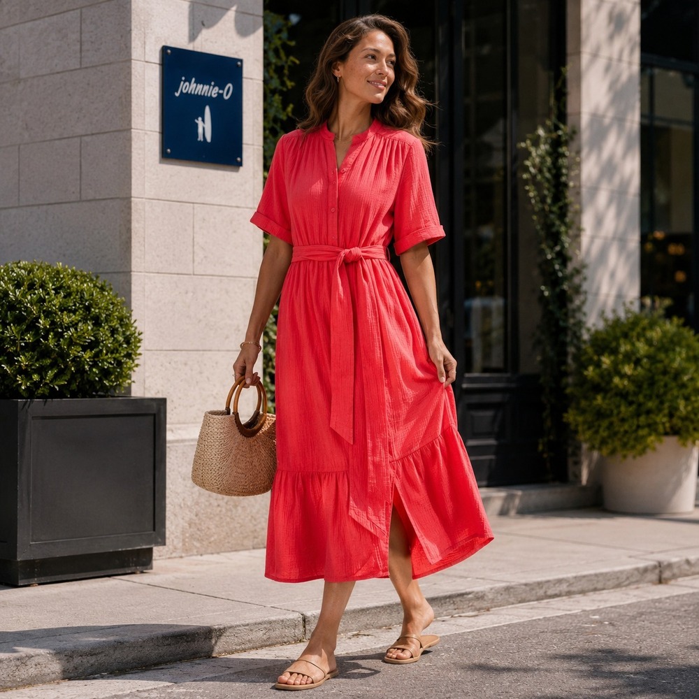 JOHNNIE-O Women's New Maxi Dress SMALL Red Gauze Belted Button Front JWLD100050